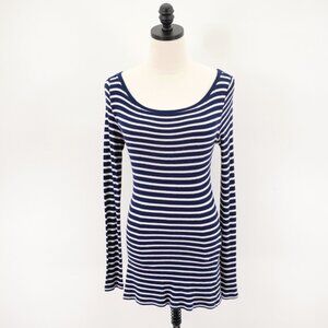 I.N.C. Blue White Scoop Neck Striped Ribbed Cotton Sweater Dress Small Long Slee